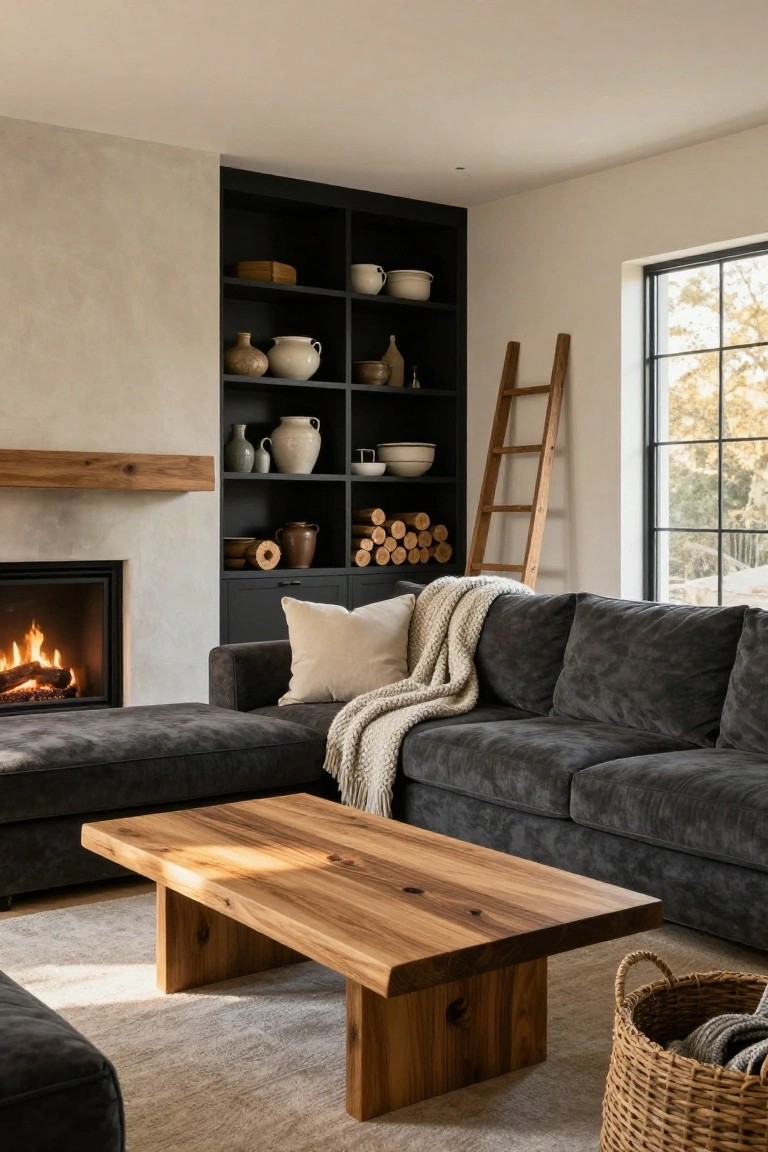 A charcoal gray L-shaped sofa in a living room with cream pillows, a white knit throw draped over the arm, wooden coffee table, fireplace, built-in black shelves with pottery, firewood stack, and ladder beside a large window.