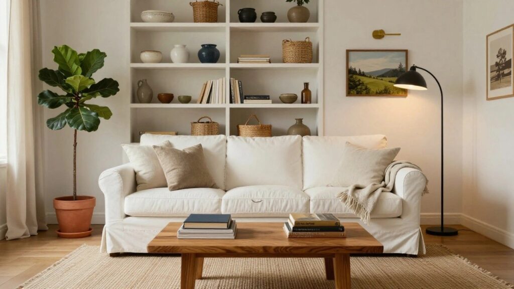 20 Essential Sofa Styling Tips for a Cohesive Look White slipcovered sofa with cream pillows and fringed throw draped over it, beside a fiddle leaf fig plant and wood coffee table on a seagrass rug in a light living room with bookshelves and landscape art on the wall.