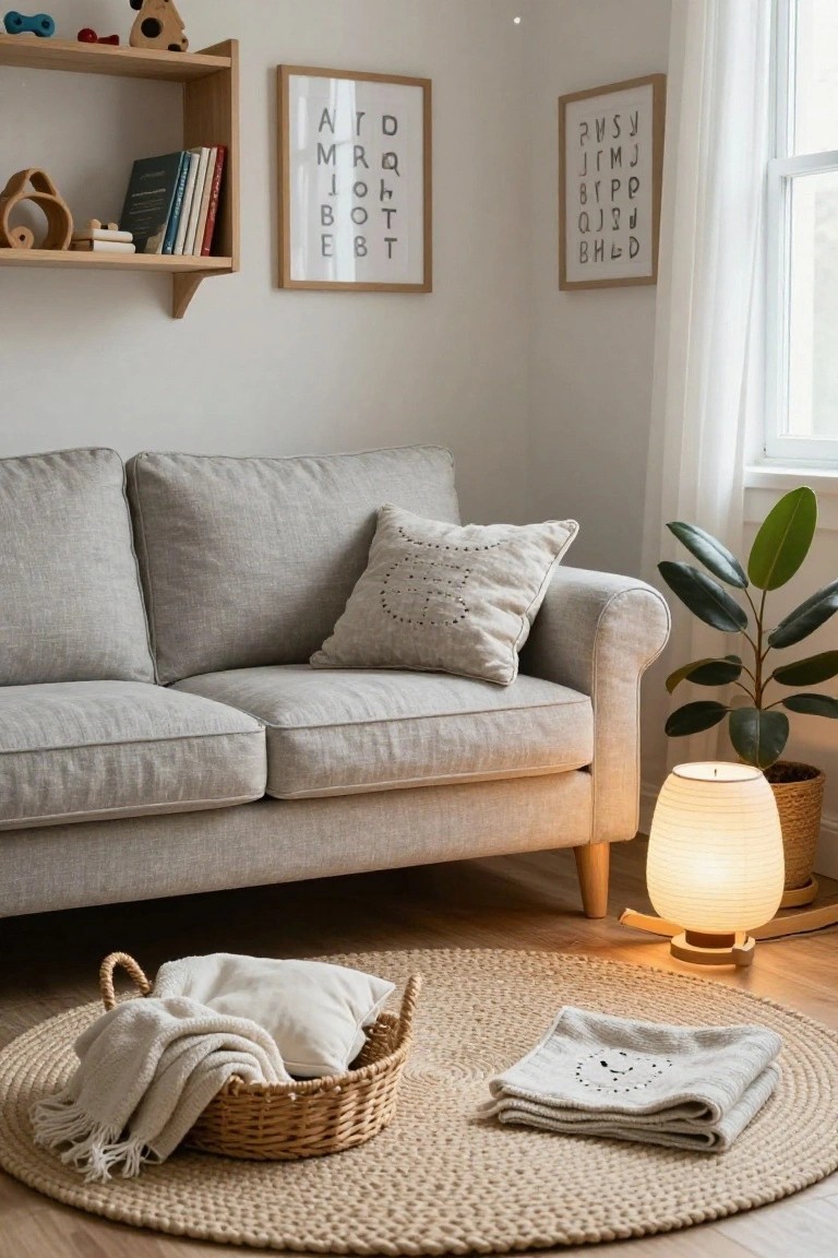 Light gray linen sofa in a neutral room with wooden toy shelves, white-framed abstract letter art on walls, potted plant, paper lantern lamp on wooden stand, round jute rug, and wicker basket with white blankets and pillow on the floor.
