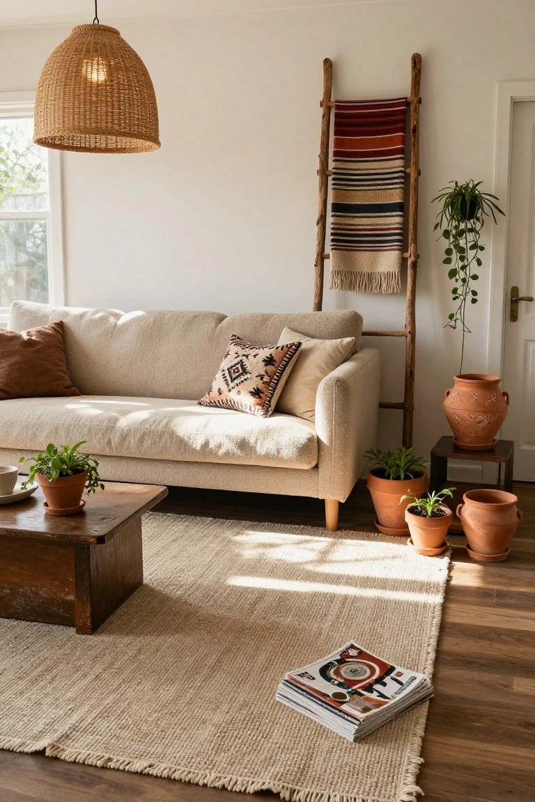 A cream-colored sofa with patterned pillows in a sunlit living room, surrounded by terracotta potted plants, a wooden coffee table, woven rug, and ladder shelf with blankets on hardwood floors.