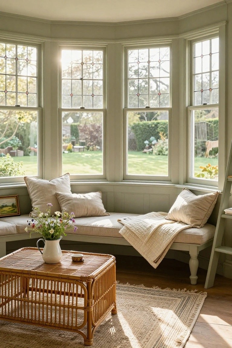 Sunlit bay window nook in pale green room with cushioned bench seat piled with cream pillows and throw blanket, rattan coffee table holding white jug of wildflowers and small cup, garden view through leaded glass windows.