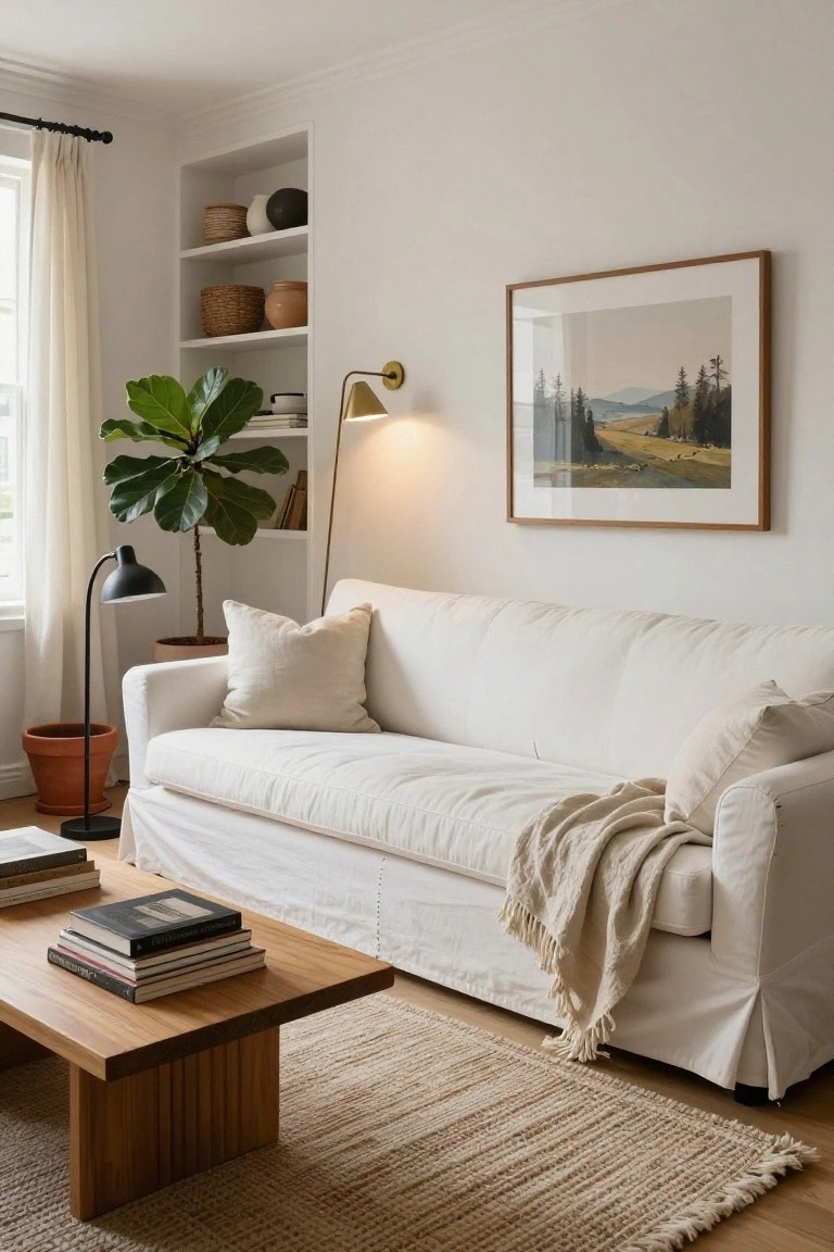 White slipcovered sofa with cream pillows and fringed throw draped over it, beside a fiddle leaf fig plant and wood coffee table on a seagrass rug in a light living room with bookshelves and landscape art on the wall.