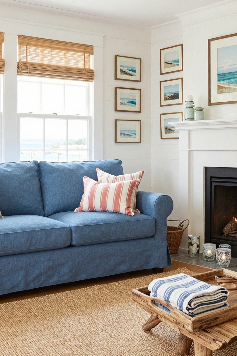 Blue slipcovered sofa in a white living room corner with ocean view through windows, styled with two large pink-and-white striped pillows, striped blanket on wooden coffee table, seagrass rug, fireplace, and wall art of seascapes.