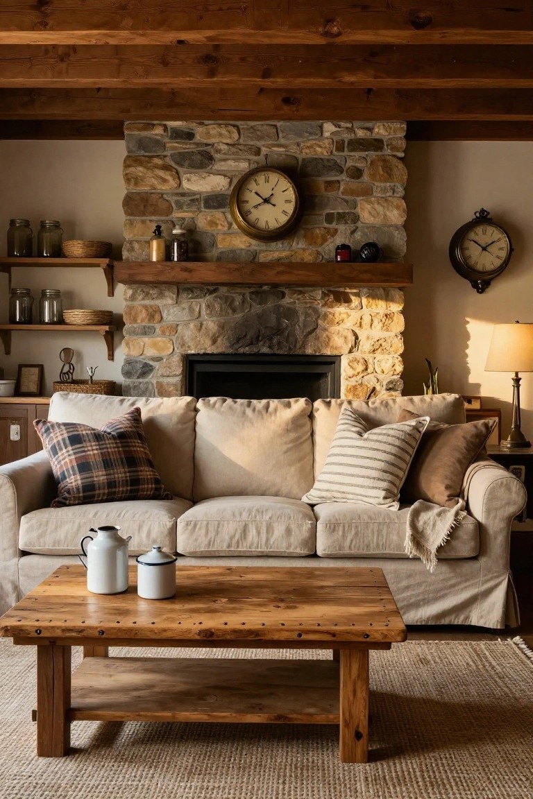 Beige linen sofa with layered pillows in plaid, striped, and solid patterns plus a draped throw, facing a rustic wooden coffee table with white teapots, in a living room with stone fireplace and wooden beam ceiling.