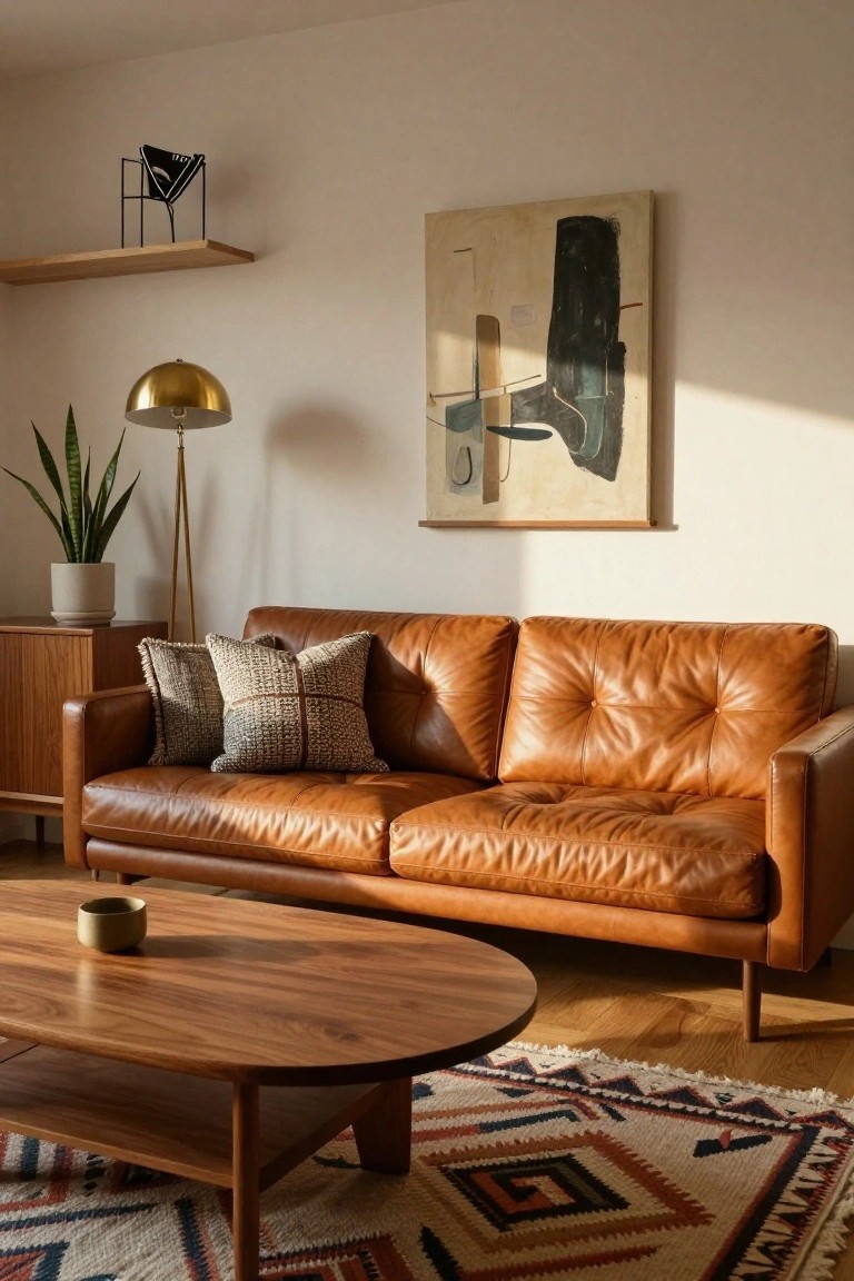A living room with a tan tufted leather sofa topped with two textured checkered pillows, a round wooden coffee table holding a ceramic cup, a potted snake plant, gold floor lamp, abstract wall art, wooden sideboard, and patterned rug on hardwood floor.