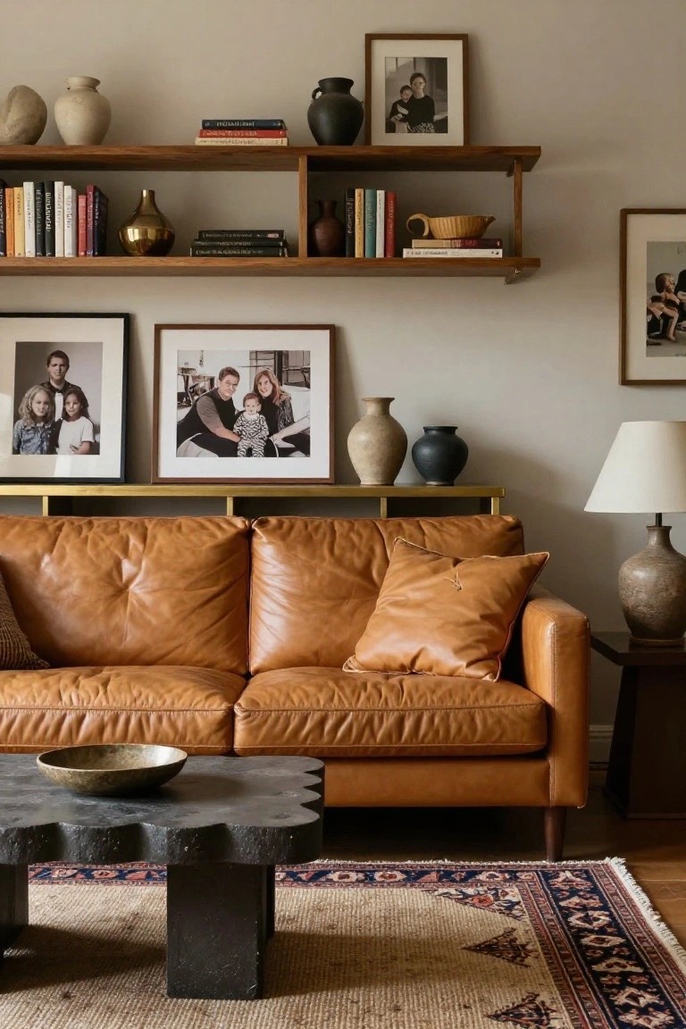 Tan leather sofa on a patterned rug in a living room with wooden floating shelves holding books, pottery, and family photos, gold console table with vases, lamp on side table, and black wavy-edged stone coffee table with ceramic bowl.