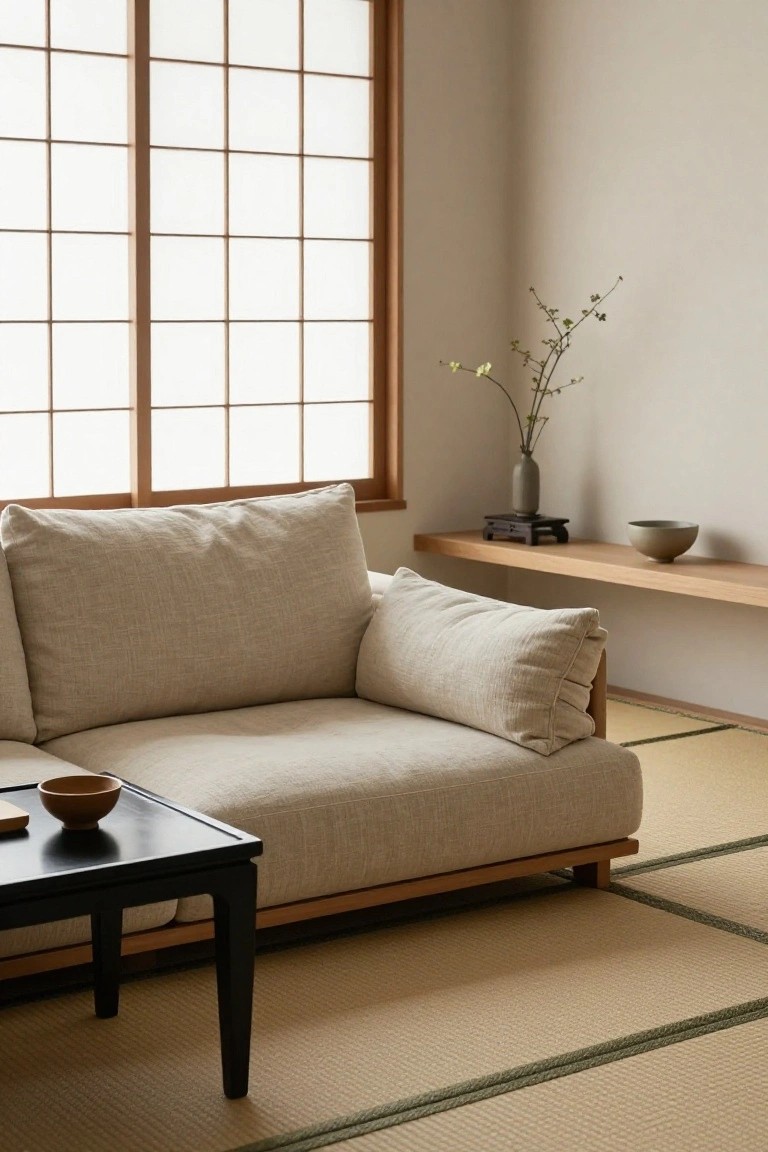 Beige low-profile sofa on tatami mats in a light room with shoji screen windows, wooden shelf holding a vase of branches and ceramic bowl, low black table with small bowl nearby.
