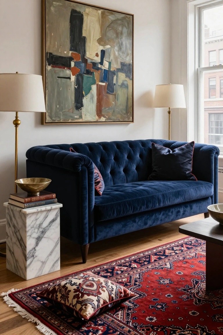 Corner of a living room with navy blue tufted velvet sofa next to white marble pedestal table holding stacked books and brass bowl, brass floor lamps, abstract painting on wall, and red patterned rug on wood floor.