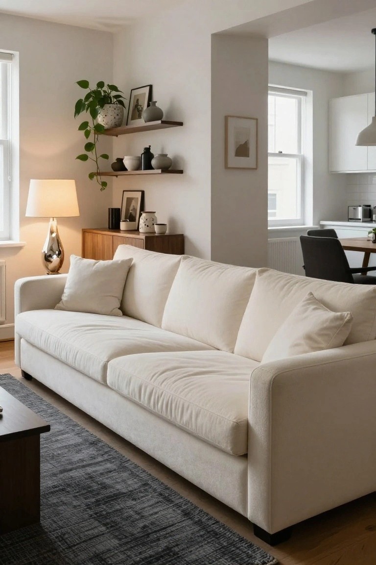 Modern living room with a white sofa, floating shelves, and kitchen view.
