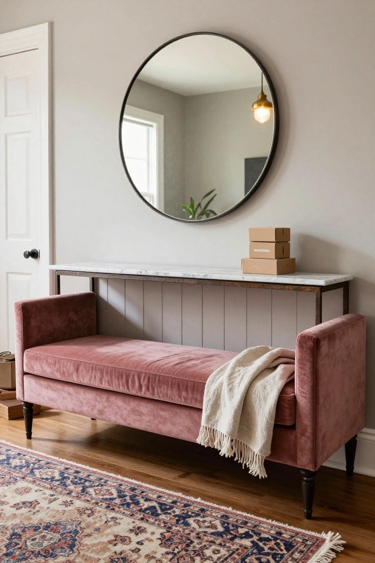 Pink velvet bench with white throw blanket draped over one arm in a light gray hallway, next to black metal console table topped with marble and stacked cardboard boxes, large round black mirror on wall above.