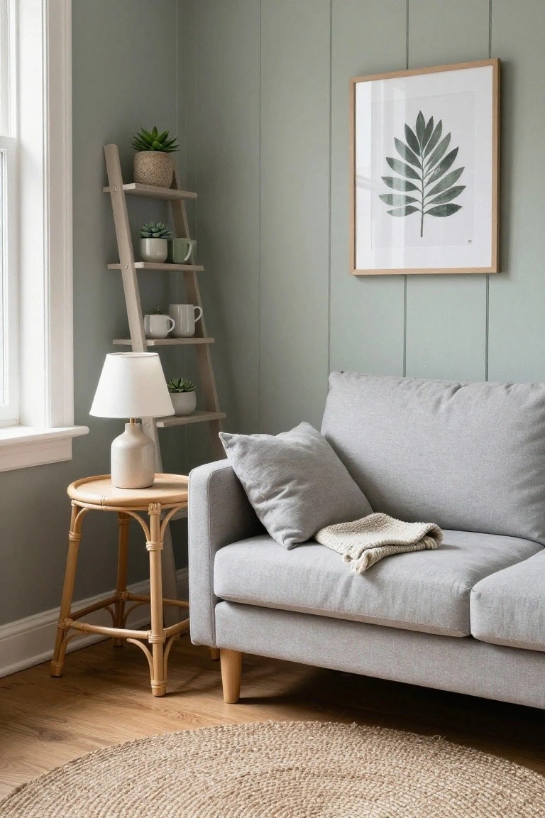 Corner of a living room with a light gray sofa topped with pillows and a white knit throw, next to a round rattan side table holding a ceramic lamp, and a wooden ladder shelf displaying potted succulents and white mugs, against pale green vertical wall paneling and hardwood floors with a seagrass rug.