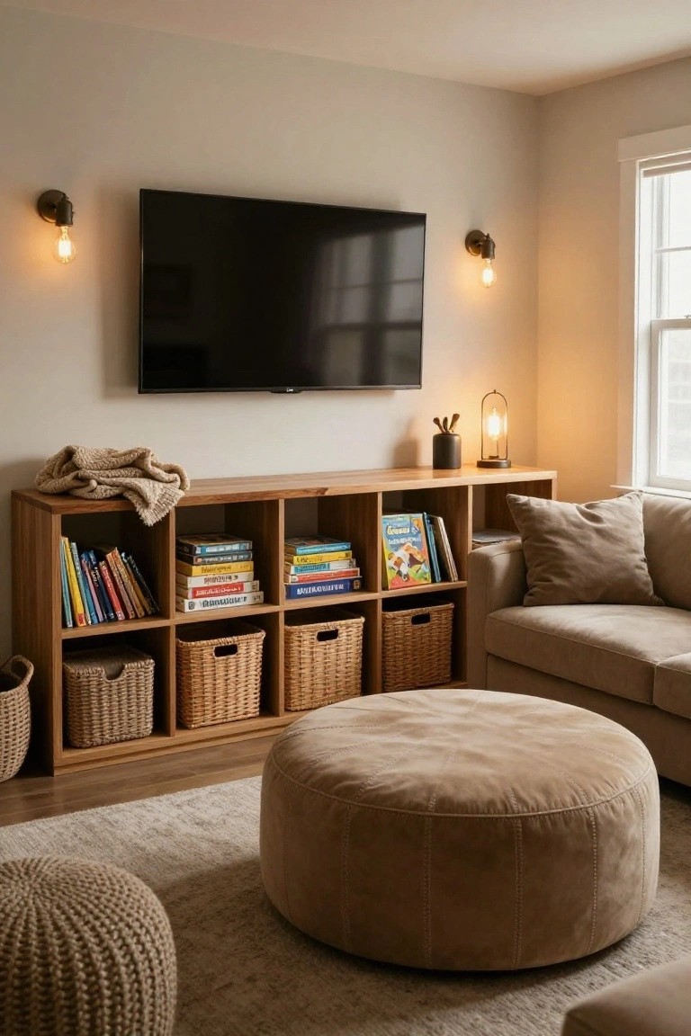 Beige L-shaped sofa against wooden cube shelving unit filled with books, woven baskets, and a draped knit throw, with two wicker poufs, a large suede ottoman, TV on wall, and warm lighting in a light-colored room.