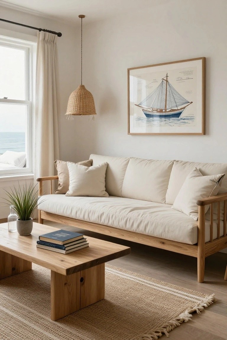 Light wood-framed sofa with cream cushions and pillows in a white-walled living room, low matching wood coffee table holding stacked books and a potted plant, seagrass rug on wood floor, rattan pendant lamp, nautical ship artwork, and window with ocean view.