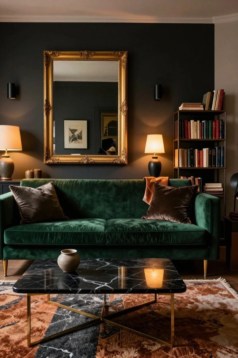 Living room with dark gray walls, large ornate gold-framed mirror, emerald green velvet sofa with brown pillows and orange throw, black marble coffee table on gold frame, bookshelves, ceramic lamps, and patterned rug.