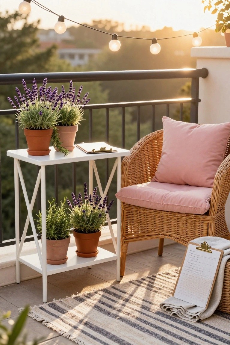 Cozy balcony with wicker chair, pink cushions, lavender plants, and string lights.