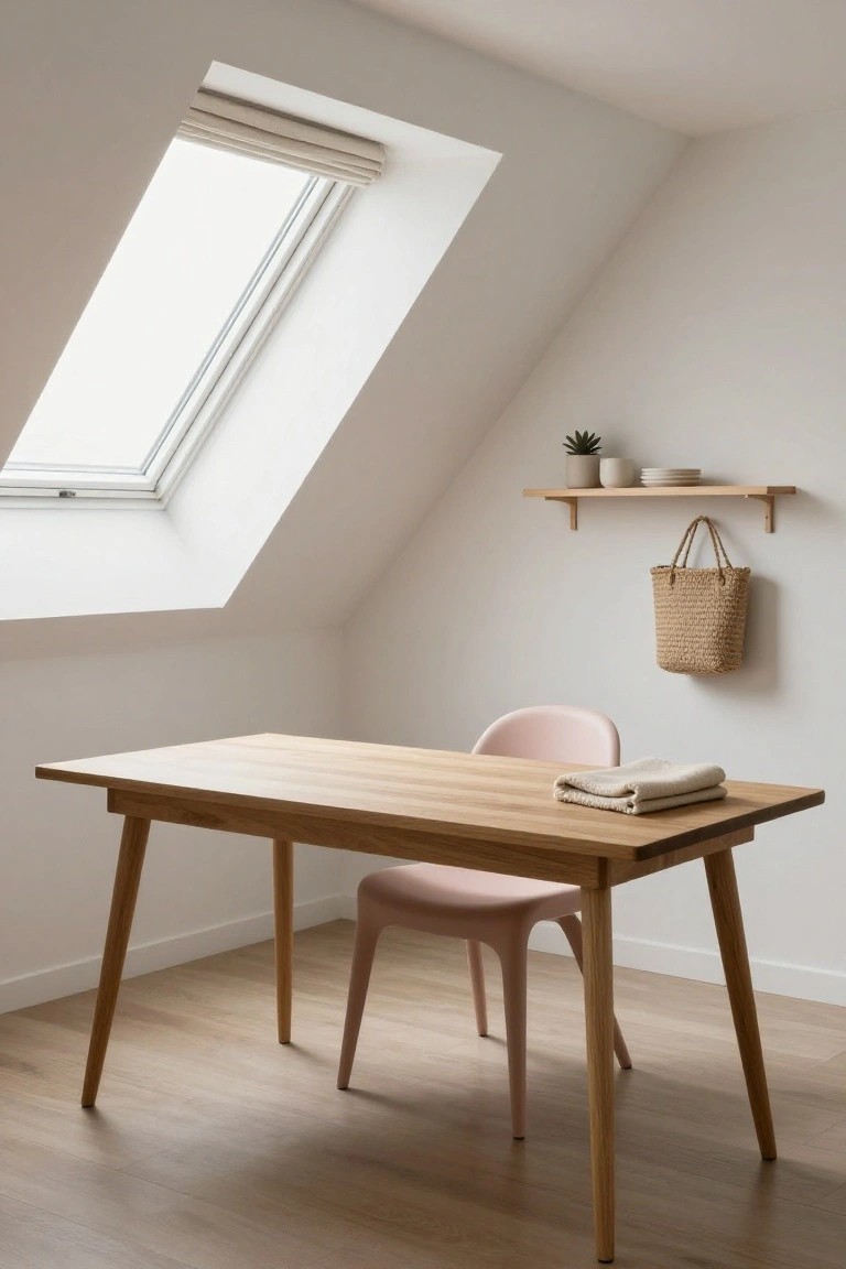 Light attic home office with natural wood desk, pink molded chair, skylight overhead, wall shelf with plant pot white dishes and hanging wicker bag, beige towel on desk, light wood floor.