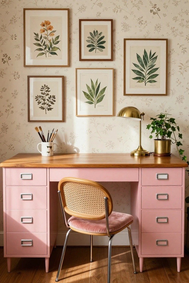 Blush pink wooden-top desk with multiple silver-handled drawers and tapered legs, rattan chair with pink velvet cushion, botanical prints on walls, brass lamp, ivy plant, and white mug on desk in room with beige floral wallpaper.
