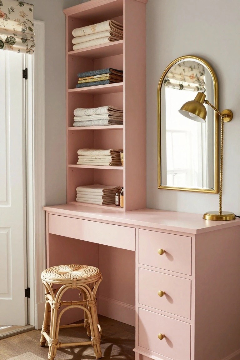 Blush pink wooden desk with drawers and tall open shelves above stocked with folded white and beige towels and linens, beside a gold arched mirror, brass lamp, and rattan stool in a pale gray room with floral curtains.
