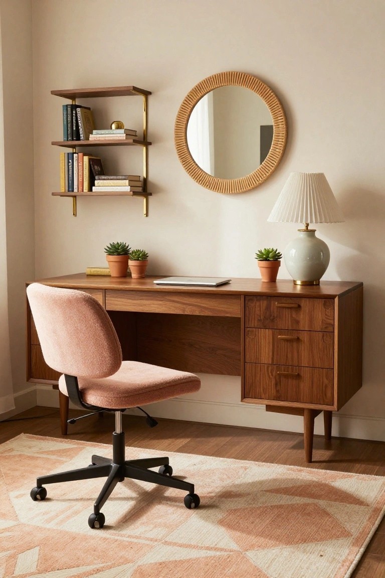 Home office with blush pink swivel chair at walnut desk with drawers, potted succulents, books on wall shelves, round rattan mirror, white lamp with ceramic base, and geometric beige rug on wood floor.