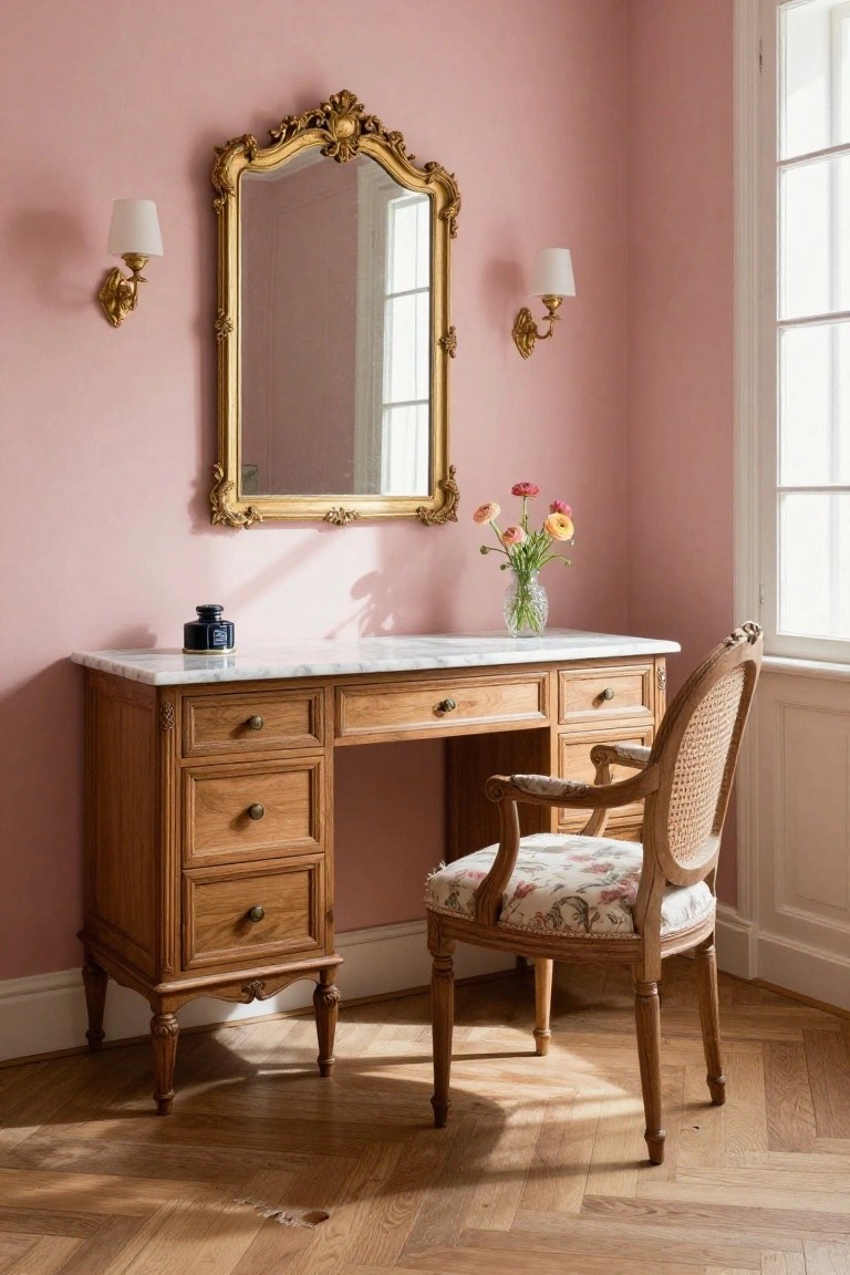 Pink-walled corner with wooden desk topped in white marble, large ornate gold mirror above, caned chair with floral upholstery, wall sconces, ink bottle, and flowers in glass vase on parquet floor.