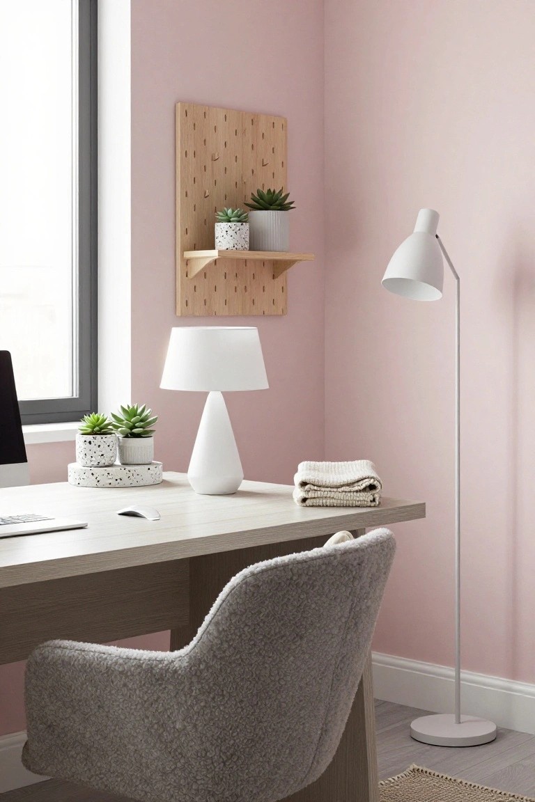Home office corner with light pink walls, light wood desk holding keyboard mouse and potted succulents, white table lamp, tall white floor lamp, wooden wall shelf with plants, and gray upholstered chair.