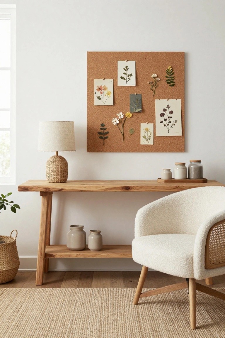 Indoor office nook with corkboard wall displaying pinned pressed flowers and leaves, wooden console table holding rattan lamp and ceramic jars, and cream rattan armchair on seagrass rug.