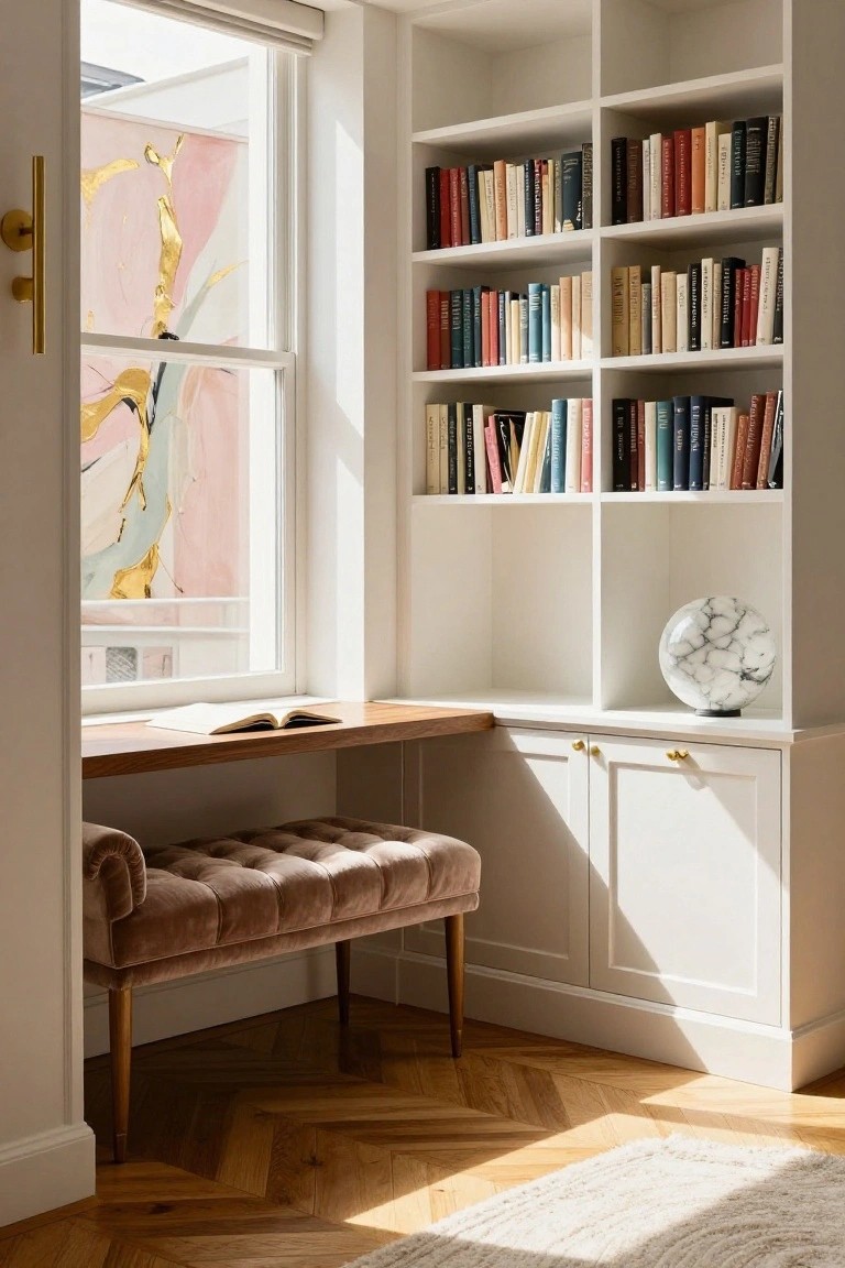 White built-in bookshelves surround a wooden desk by a large window with colorful abstract artwork, a pink tufted bench sits nearby on parquet flooring, and a white marble orb rests on a shelf.
