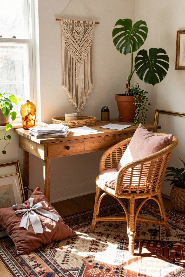 A cozy wooden desk with a wicker chair, plants, and macramé wall hanging.