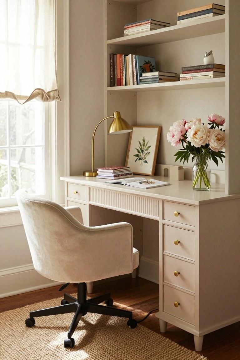 A home office with a cream-colored reeded desk featuring brass hardware and pulls, a matching cream velvet swivel chair, brass desk lamp, open books on the desk, a vase of pink peonies, bookshelves with books and decor, and sheer curtains on a window.