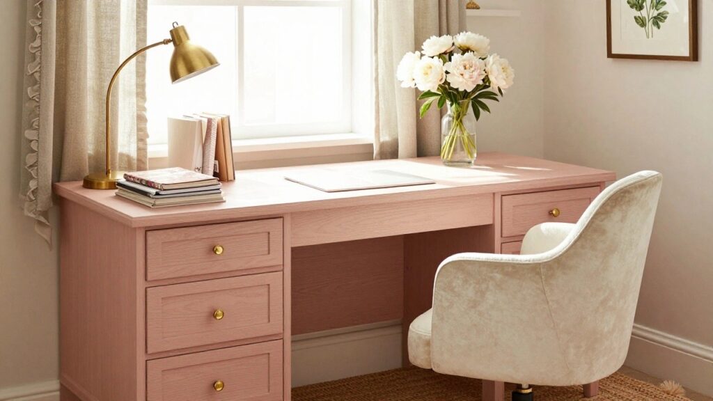 20 Feminine Office Decor Ideas Full of Charm A home office with a cream-colored reeded desk featuring brass hardware and pulls, a matching cream velvet swivel chair, brass desk lamp, open books on the desk, a vase of pink peonies, bookshelves with books and decor, and sheer curtains on a window.