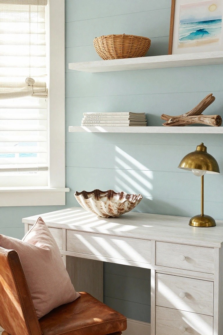 Home office corner with light blue plank walls, floating white shelves holding stacked books, woven basket, and driftwood, white desk topped with large shell and brass lamp, pink pillow on brown leather chair, and window covered by linen blinds.