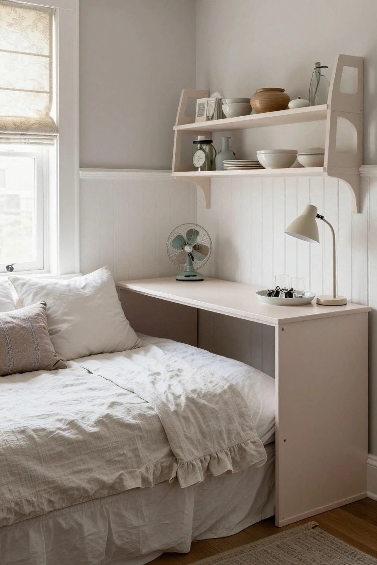 Corner bedroom setup with pale pink wooden desk integrated under a white ruffled bed, open shelves above holding white bowls, jars, and ceramics, a green vintage fan on the desk, and a beige lamp nearby.
