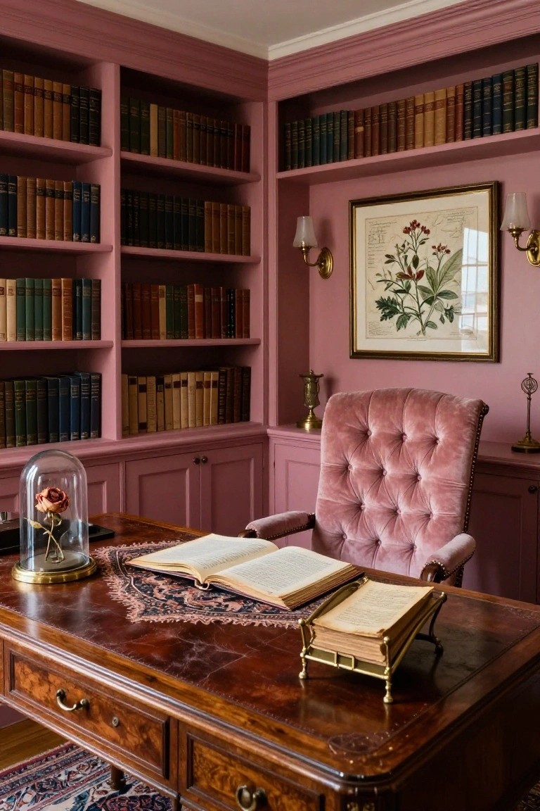 Pink-walled office corner with floor-to-ceiling built-in bookshelves filled with leather-bound books, tufted pink velvet armchair, antique mahogany desk topped with open books and a glass-domed rose under a brass stand.