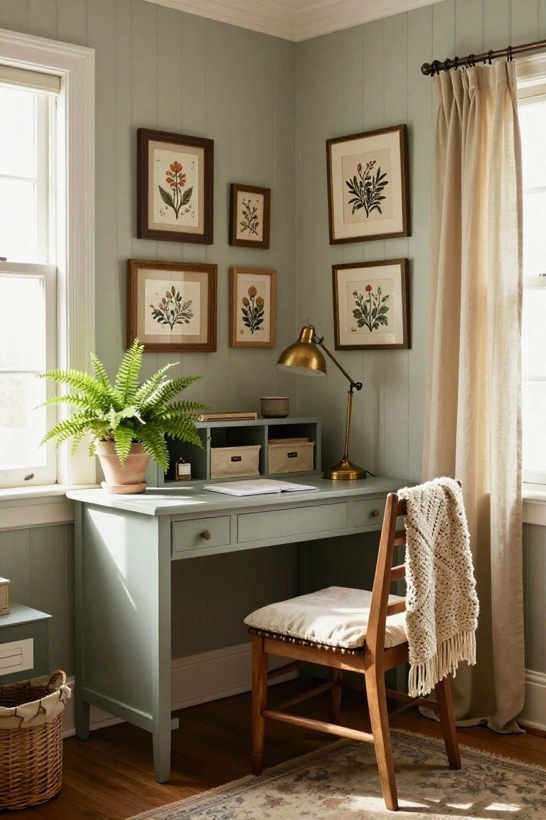 Corner home office featuring light sage green board-and-batten walls, matching painted desk with drawers and fern plant, brass adjustable lamp, multiple framed botanical prints, wooden chair with cushioned seat and draped cream knit throw, near window with cream curtain, wicker basket on floor beside small green cabinet, hardwood floor with patterned rug.
