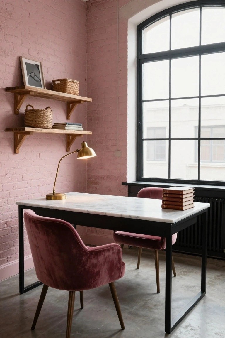 Corner home office with blush pink exposed brick walls, wooden floating shelves holding woven baskets and books, gold desk lamp on white marble-top black metal desk, two pink velvet armchairs, and large black-framed arched window overlooking exterior.