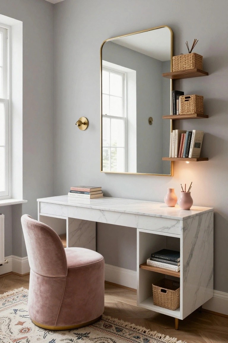 Gray-walled room with white marble desk, pink velvet chair, large gold-framed mirror, wood shelves holding books and wicker baskets, and a patterned rug on wood floor.