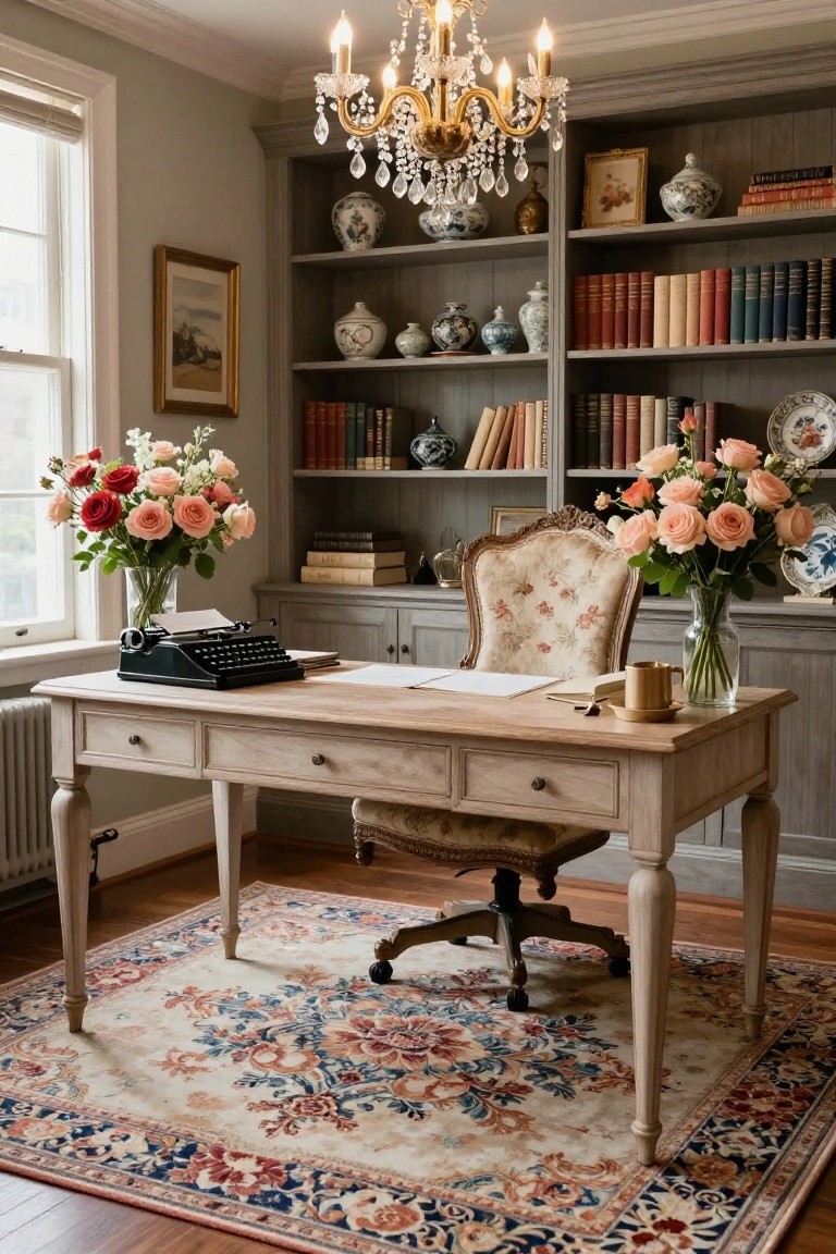 A light wooden desk with cabriole legs holds a black typewriter, papers, and a vase of pink and peach roses in a room with gray bookshelves stocked with books and ceramics, an upholstered chair, and a crystal chandelier overhead.