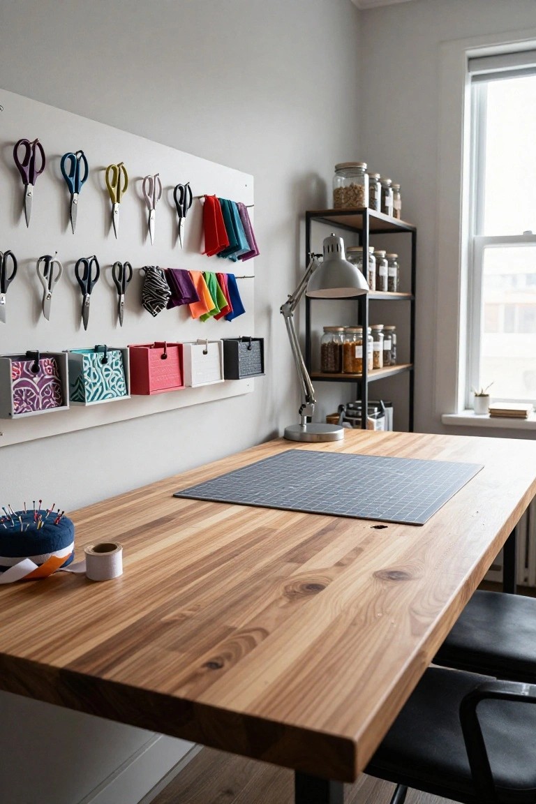 A craft workspace featuring a wooden desk with gray cutting mat, pincushion, tape roll, wall rack holding colorful scissors and fabric swatches, storage bins, and metal shelves with jars against a light gray wall.