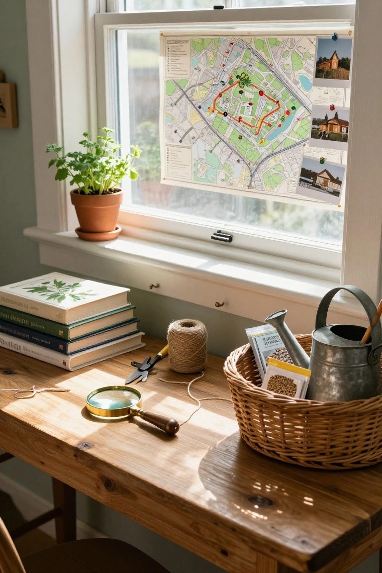 Wooden desk on a windowsill holding a brass magnifying glass, garden shears, twine, stacked books, wicker basket with seed packets and yellow packet, metal watering can, next to potted herb plant and pinned park map on window.