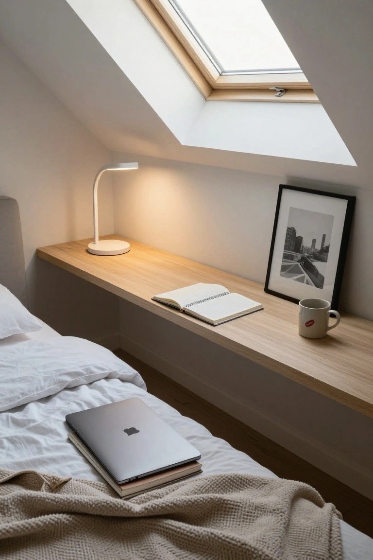 A bedroom interior showing a long floating wooden shelf mounted along the wall beside a bed, with a white lamp, open notebook, mug, and framed picture on the shelf.