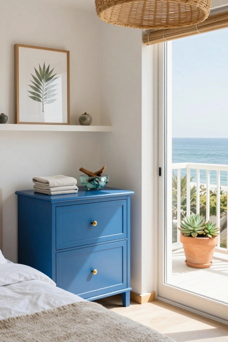 Bright blue nightstand beside open balcony with ocean view.