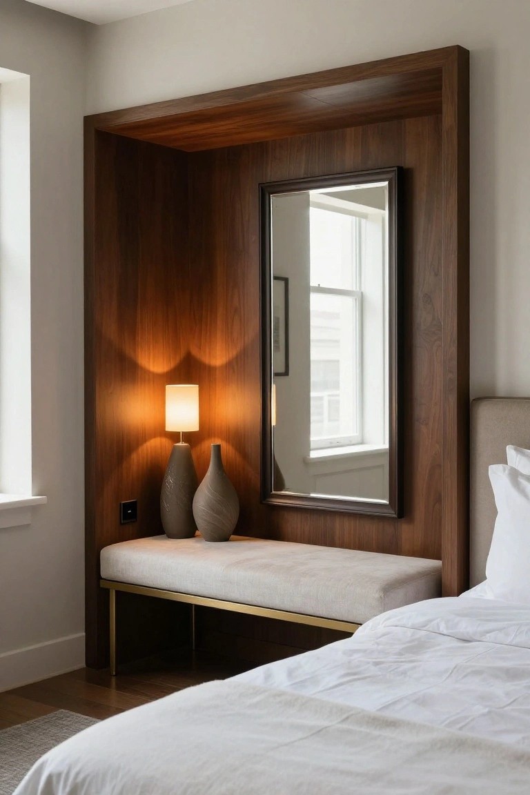Modern bedroom niche with wood-paneled wall, mirror, bench, and lamp.