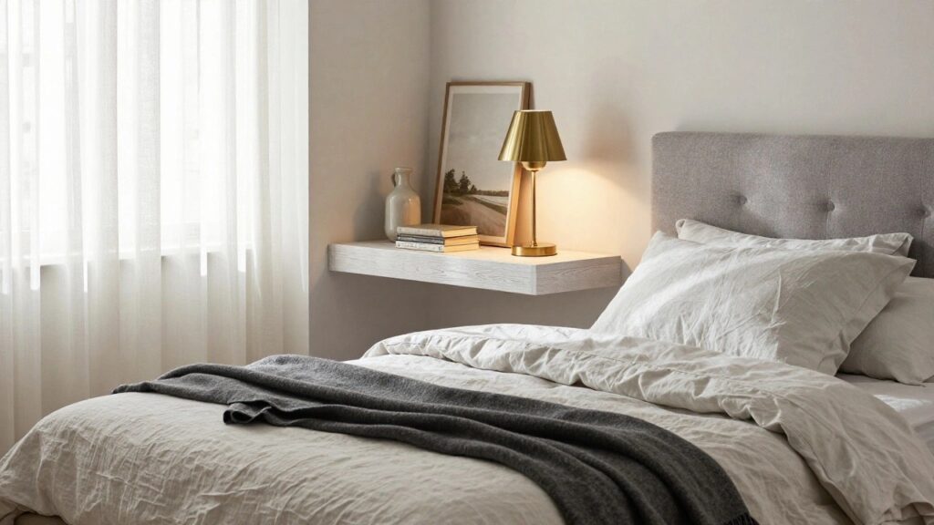 20 Floating Bedside Table Ideas for a Clean Modern Setup A white bedside table with open lower shelf holding stacked books and folded linens, topped with a lit brass lamp, ceramic vase, and framed landscape print, next to a bed with white and gray bedding.