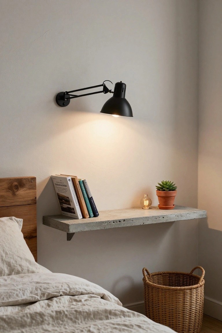 A bedroom scene showing a floating concrete shelf mounted on a light wall next to a bed with white linens, holding books and a small potted plant, with a black wall-mounted lamp above it.