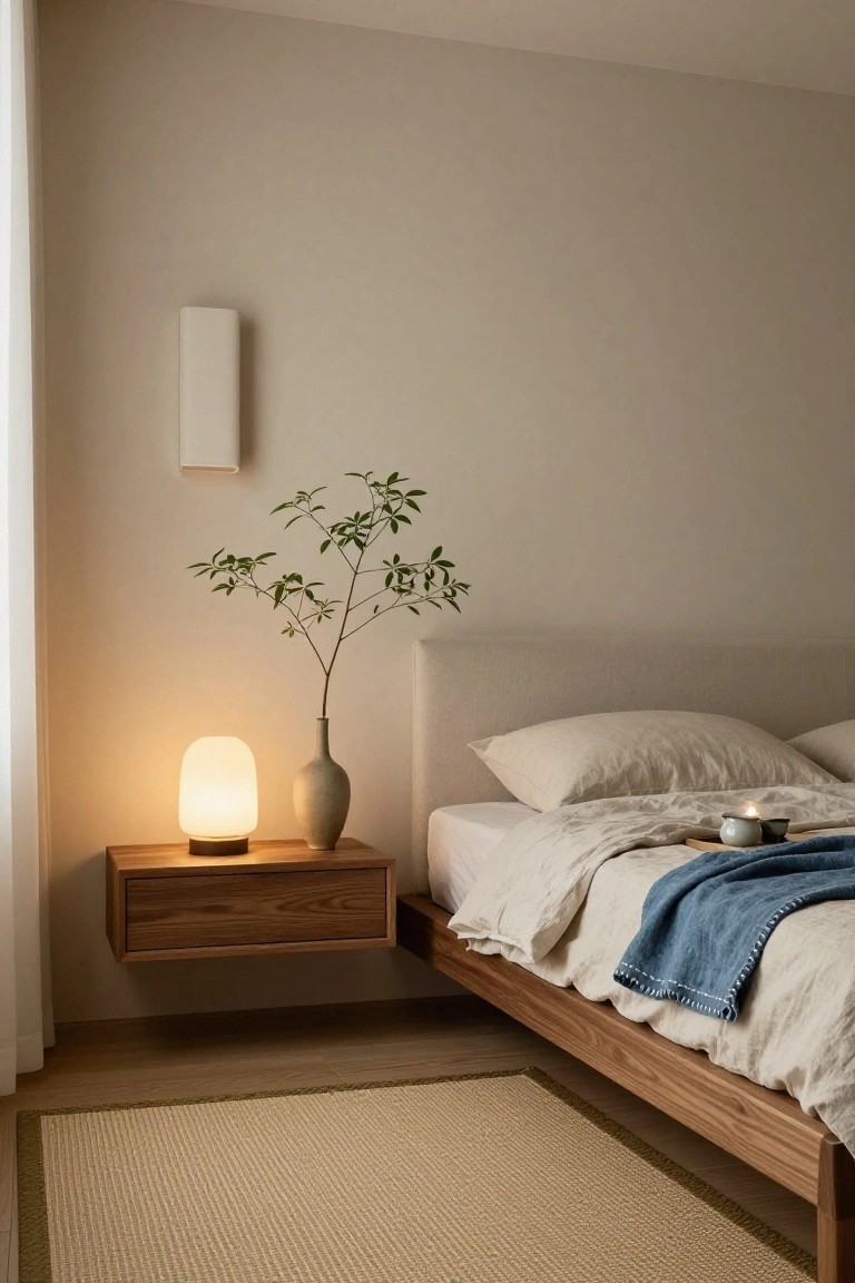 A bedroom corner showing a wooden floating nightstand with a lit lamp and a vase of branches beside a bed with white linens and a blue throw.