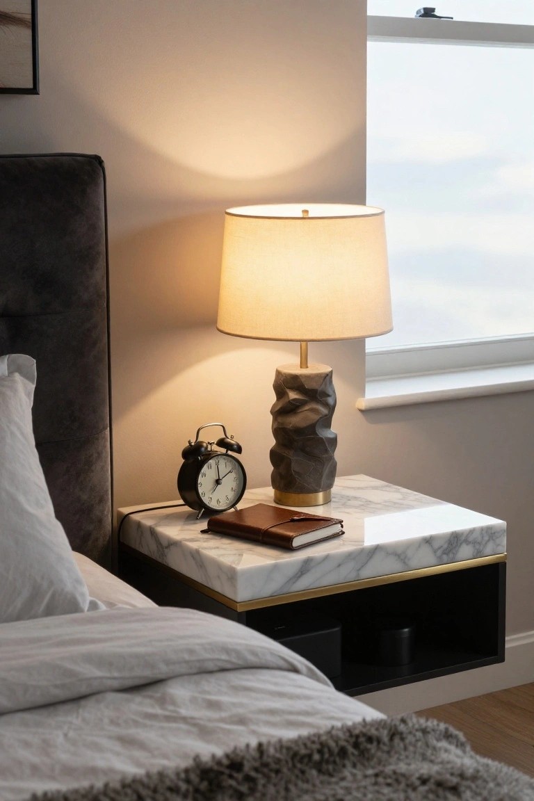 A floating bedside table with a marble top sits next to a bed, holding a lit lamp and a small black alarm clock.