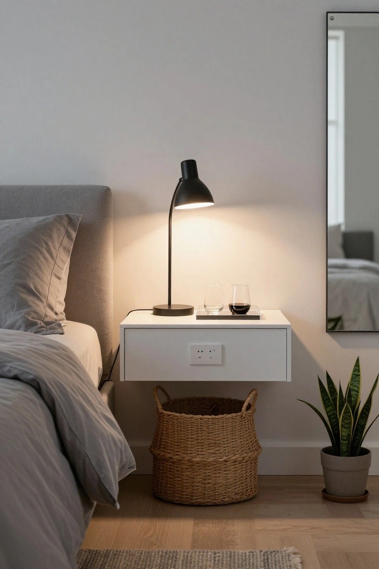 A white floating bedside table with a black lamp and tray holding two glasses sits next to a bed with gray bedding, with a woven basket below and a potted plant nearby.