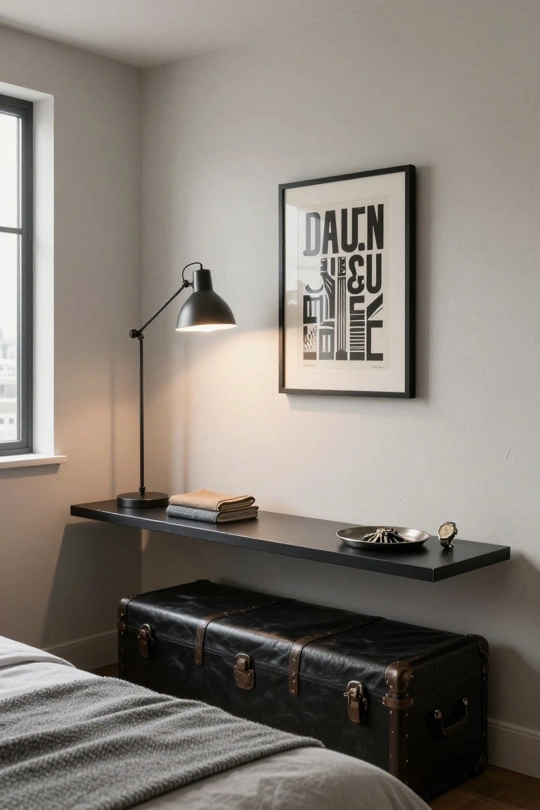 A bedroom corner shows a long black floating shelf on a plain wall above a large black trunk, with a lamp and folded linens on the shelf.