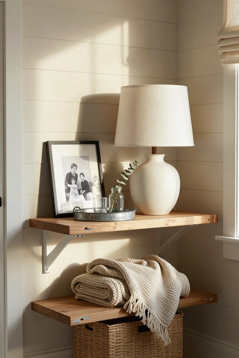 Two wooden floating shelves mounted on a light wall, with a lamp and framed photo on the upper shelf and folded blankets on the lower shelf above a woven basket.