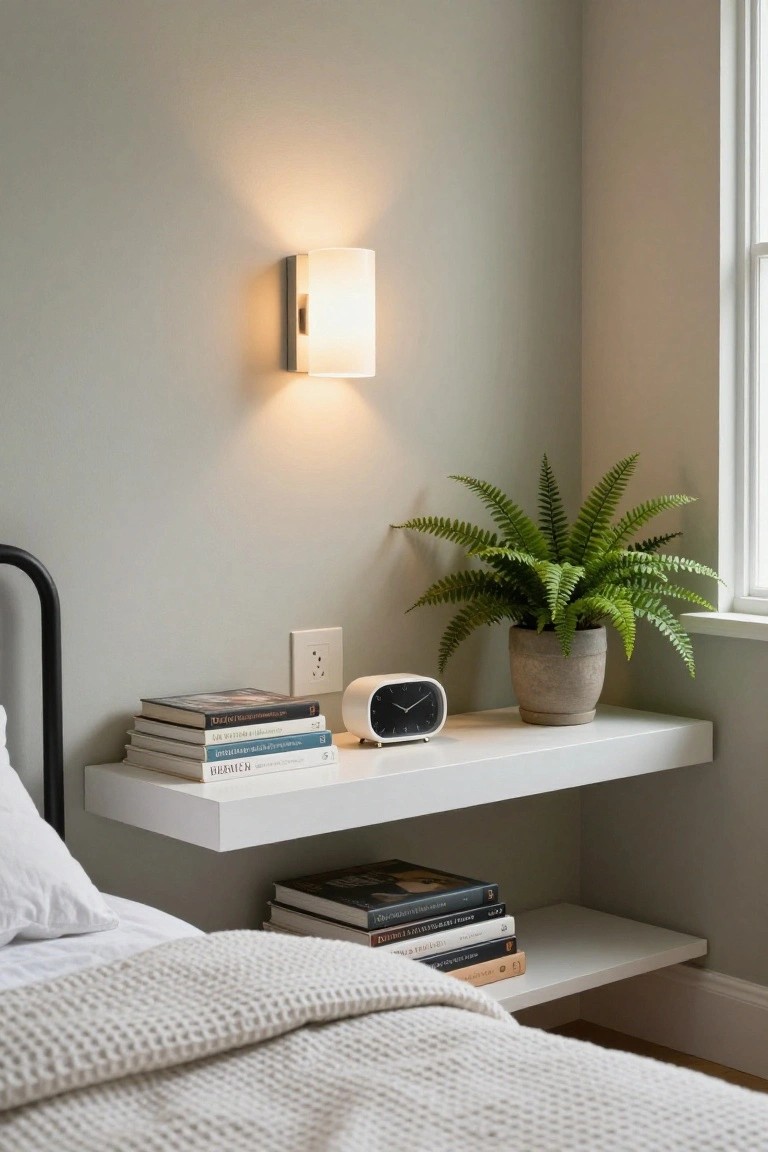 A bedroom corner showing two white floating shelves beside a bed, with stacked books, a white clock, and a potted fern on the upper shelf, plus a lit wall sconce above.